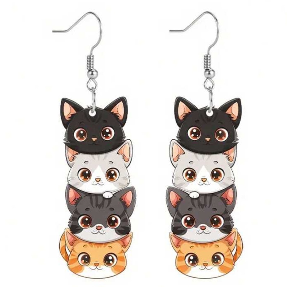 NEW| Charming Cat Theme Dangle Acrylic Earrings - Picture 4 of 6